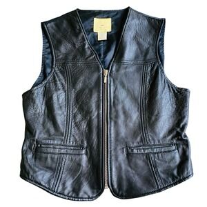 Leather Vest Jacket Women M Black Pockets Lined Zipped Motorcycle Goth